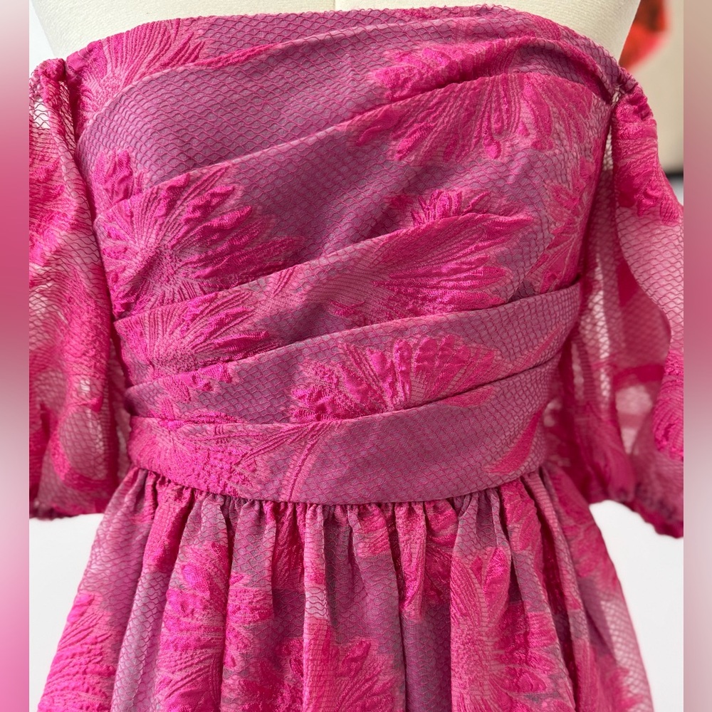 ML Monique Lhuillier Organza Jacquard Off-Shoulder Gown Floral Pink Maxi Dress - Picture 8 of 16